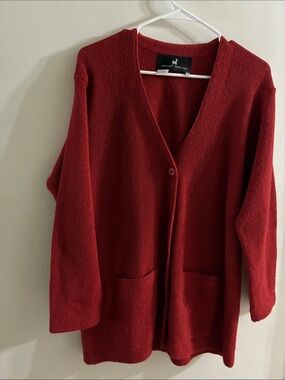 Peruvian Connections Women's Red V-Neck Cardigan Sweater - medium - 100% alpaca